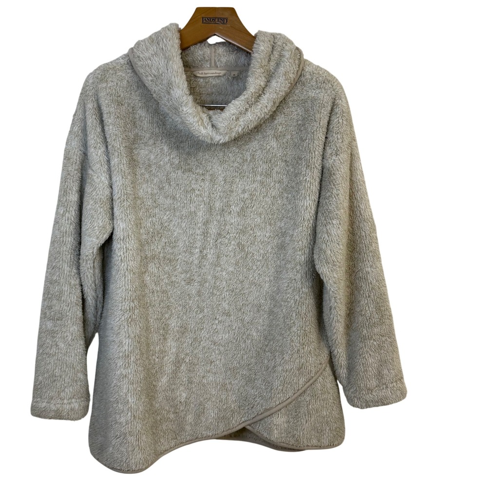 Soft Surroundings Womens Beige Fuzzy Fleece Cowl Neck Pullover Top Medium